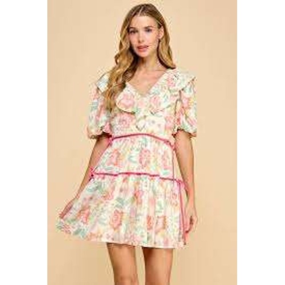 TCEC Floral Ruffle Tiered Mini Dress Womens Medium Multicolor Boho Cottagecore